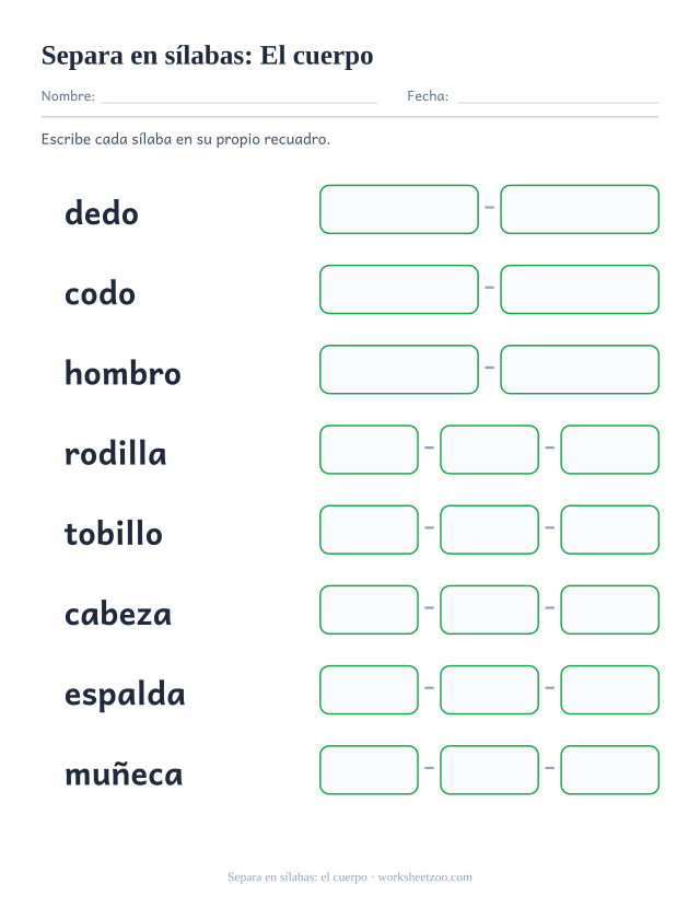 Ficha para separar en sílabas ocho palabras como dedo y rodilla, un recuadro por sílaba