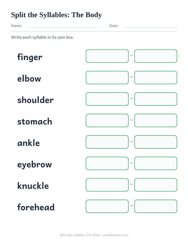 Splitting worksheet with eight body words such as finger and stomach, one box per syllable