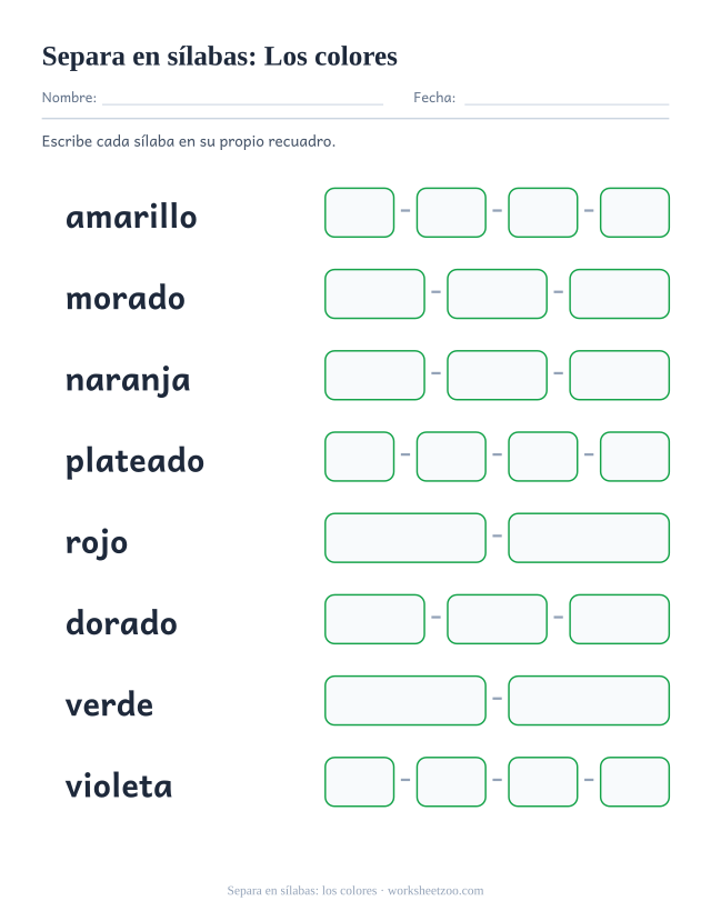Ficha para separar en sílabas ocho palabras como amarillo y plateado, un recuadro por sílaba