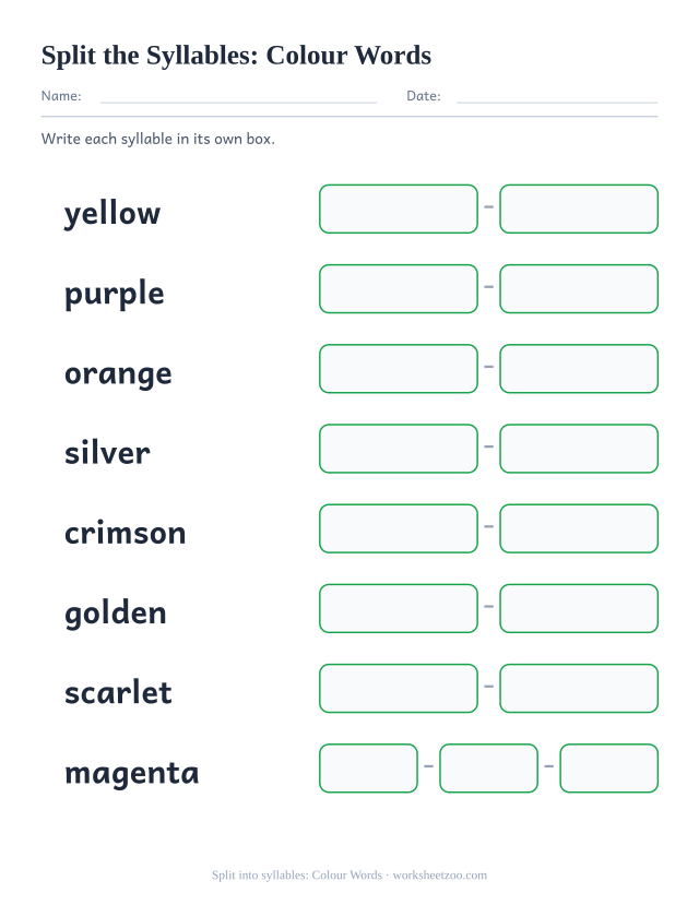 Splitting worksheet with eight colours words such as yellow and silver, one box per syllable