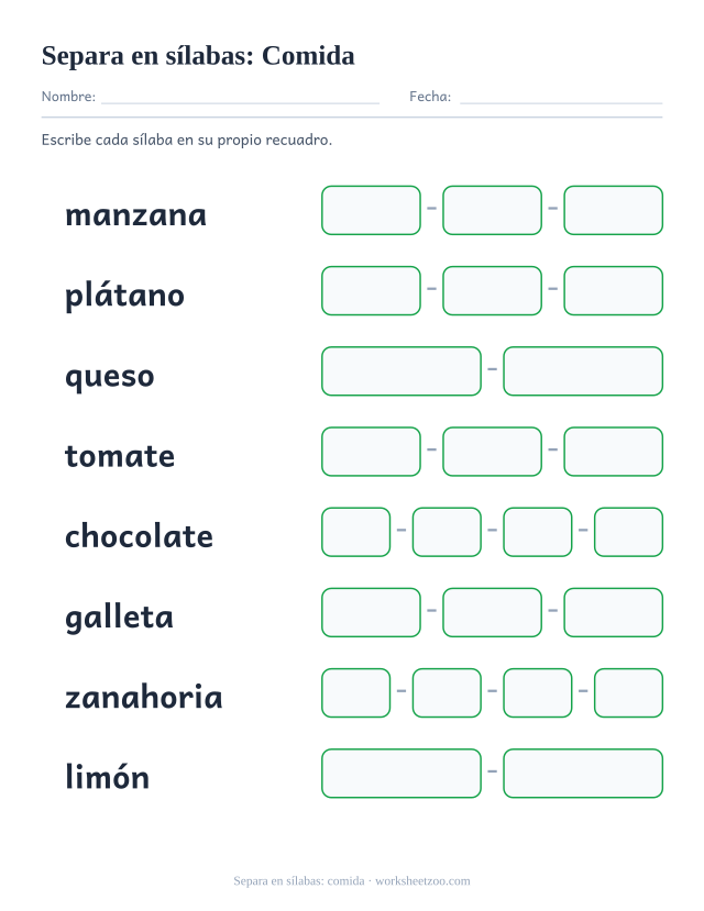 Ficha para separar en sílabas ocho palabras como manzana y tomate, un recuadro por sílaba