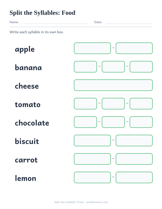 Splitting worksheet with eight food words such as apple and tomato, one box per syllable