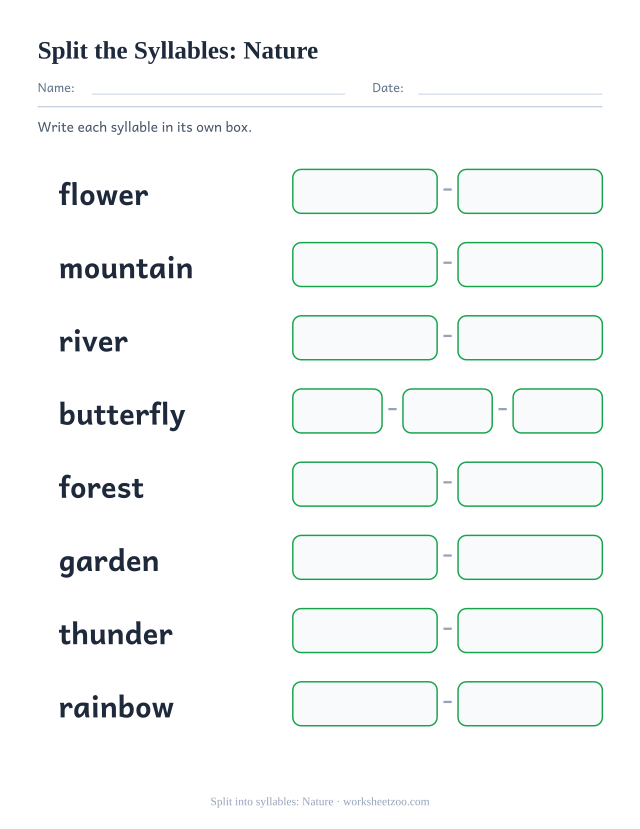 Splitting worksheet with eight nature words such as flower and butterfly, one box per syllable
