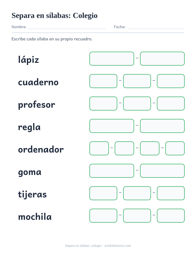Ficha para separar en sílabas ocho palabras como lápiz y regla, un recuadro por sílaba