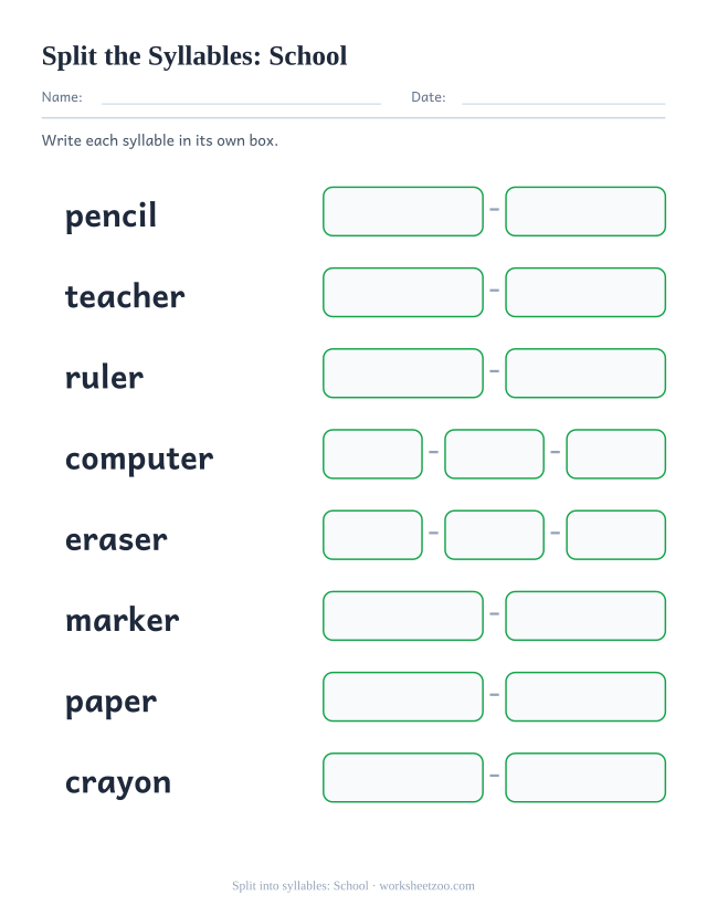 Splitting worksheet with eight school words such as pencil and computer, one box per syllable