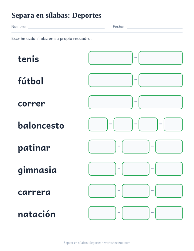 Ficha para separar en sílabas ocho palabras como tenis y baloncesto, un recuadro por sílaba