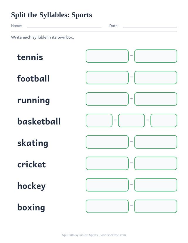 Splitting worksheet with eight sports words such as tennis and basketball, one box per syllable