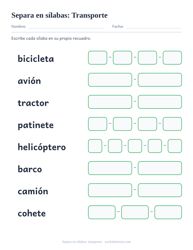 Ficha para separar en sílabas ocho palabras como bicicleta y patinete, un recuadro por sílaba