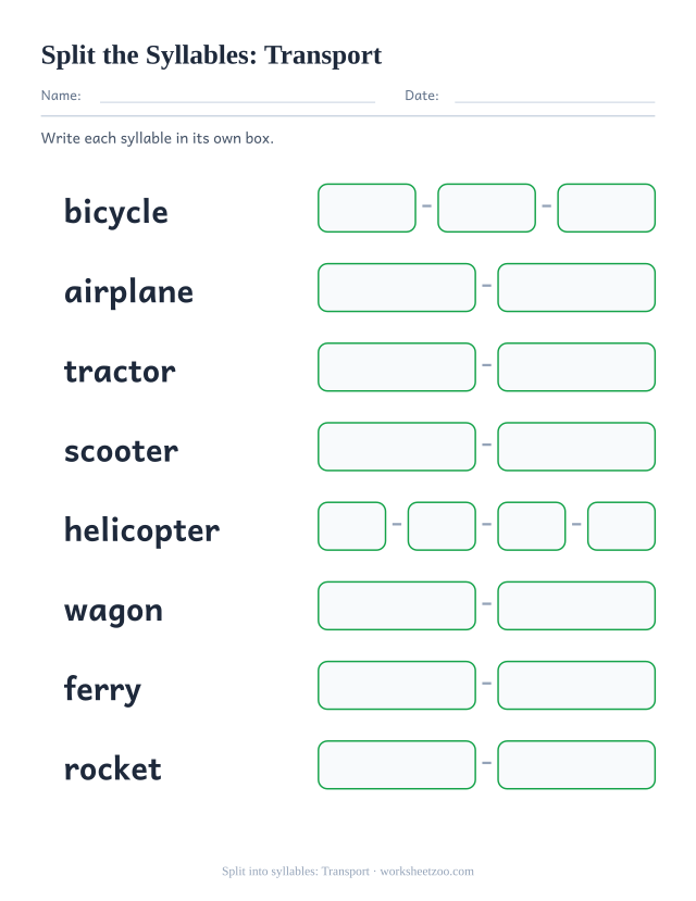 Splitting worksheet with eight transport words such as bicycle and scooter, one box per syllable