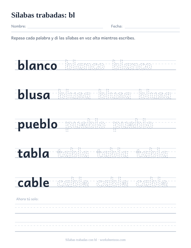 Ficha de sílabas trabadas con bl para repasar blanco, blusa, pueblo, tabla, cable sobre pauta
