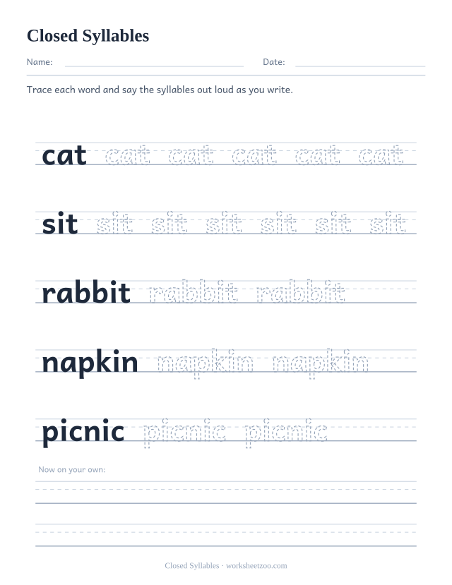Closed Syllables worksheet, tracing cat, sit, rabbit, napkin, picnic on handwriting guides