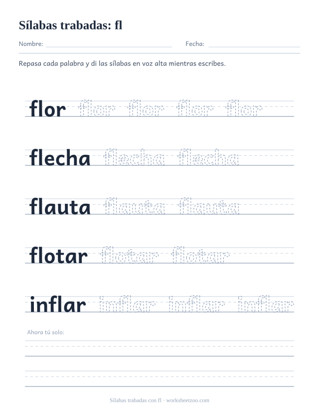 Ficha de sílabas trabadas con fl para repasar flor, flecha, flauta, flotar, inflar sobre pauta