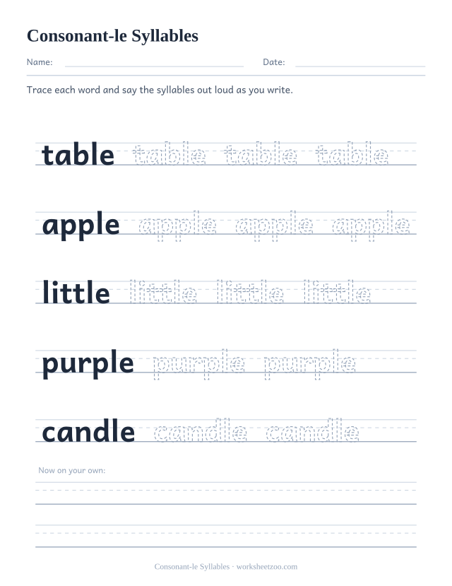 Consonant-le Syllables worksheet, tracing table, apple, little, purple, candle on handwriting guides