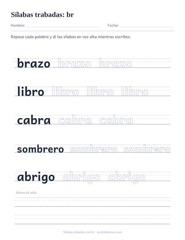 Ficha de sílabas trabadas con br para repasar brazo, libro, cabra, sombrero, abrigo sobre pauta