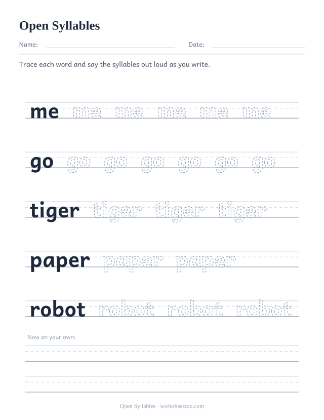 Open Syllables worksheet, tracing me, go, tiger, paper, robot on handwriting guides