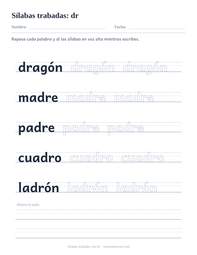 Ficha de sílabas trabadas con dr para repasar dragón, madre, padre, cuadro, ladrón sobre pauta