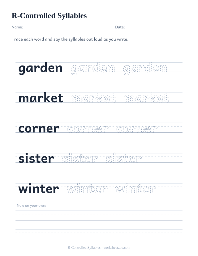 R-Controlled Syllables worksheet, tracing garden, market, corner, sister, winter on handwriting guides