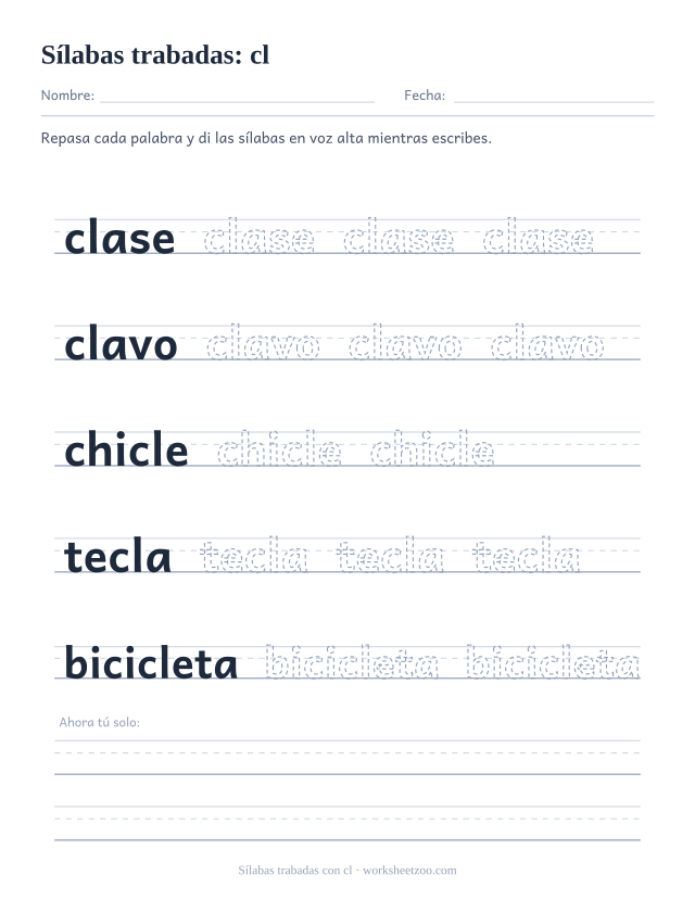 Ficha de sílabas trabadas con cl para repasar clase, clavo, chicle, tecla, bicicleta sobre pauta