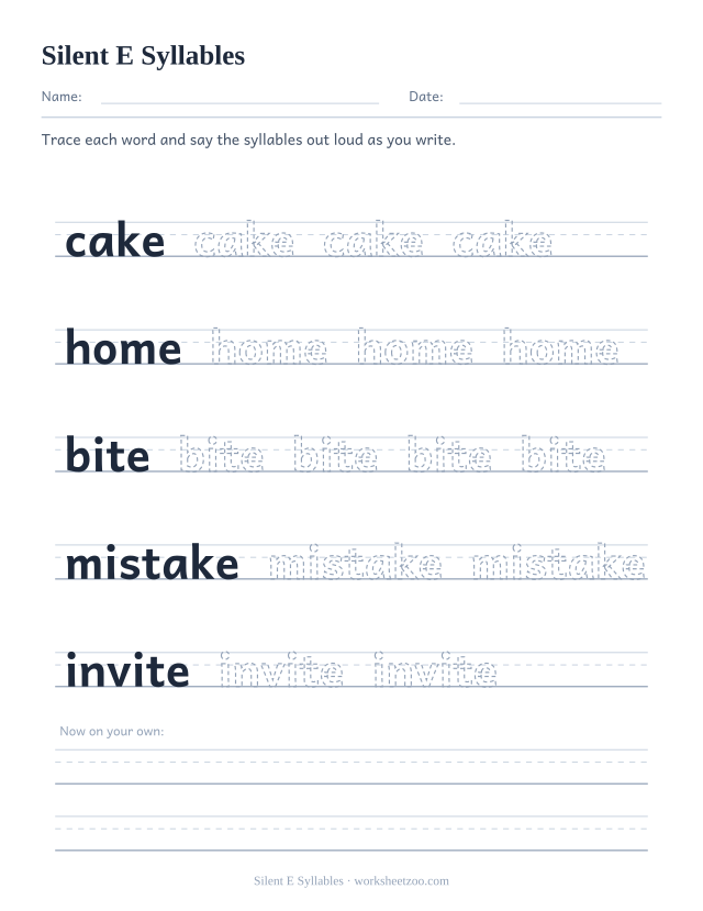 Silent E Syllables worksheet, tracing cake, home, bite, mistake, invite on handwriting guides