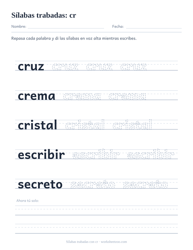 Ficha de sílabas trabadas con cr para repasar cruz, crema, cristal, escribir, secreto sobre pauta