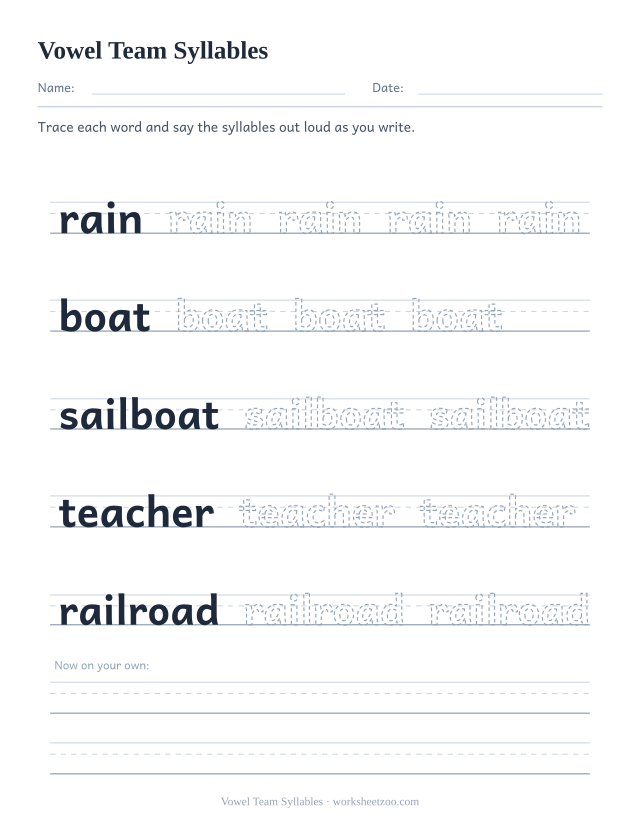 Vowel Team Syllables worksheet, tracing rain, boat, sailboat, teacher, railroad on handwriting guides