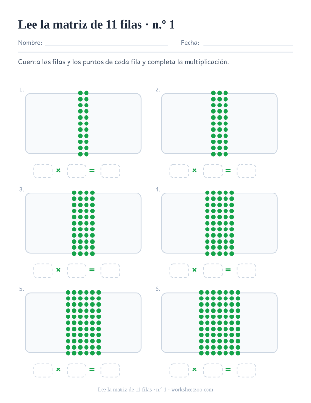 Seis rectángulos de puntos verdes de 11 filas cada uno, sobre tres casillas vacías que forman una multiplicación (juego 1).