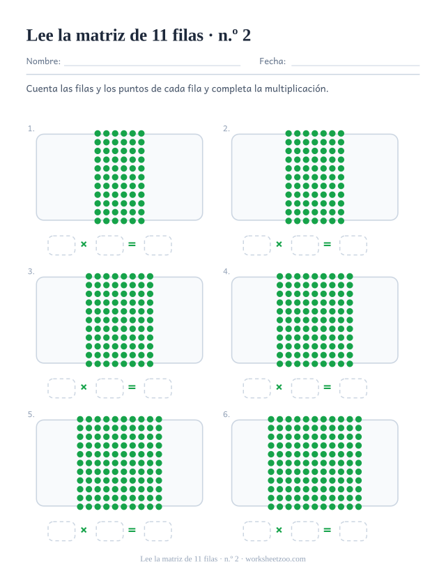 Seis rectángulos de puntos verdes de 11 filas cada uno, sobre tres casillas vacías que forman una multiplicación (juego 2).