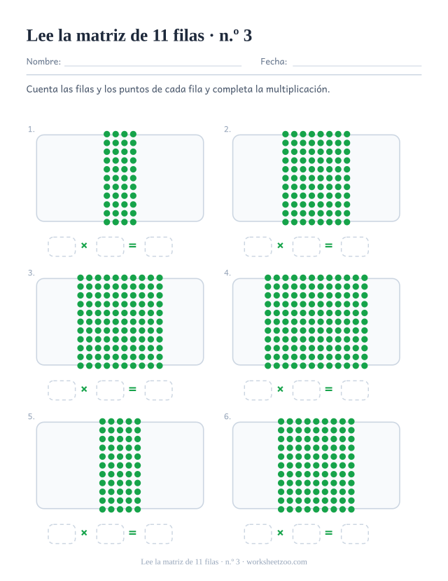 Seis rectángulos de puntos verdes de 11 filas cada uno, sobre tres casillas vacías que forman una multiplicación (juego 3).