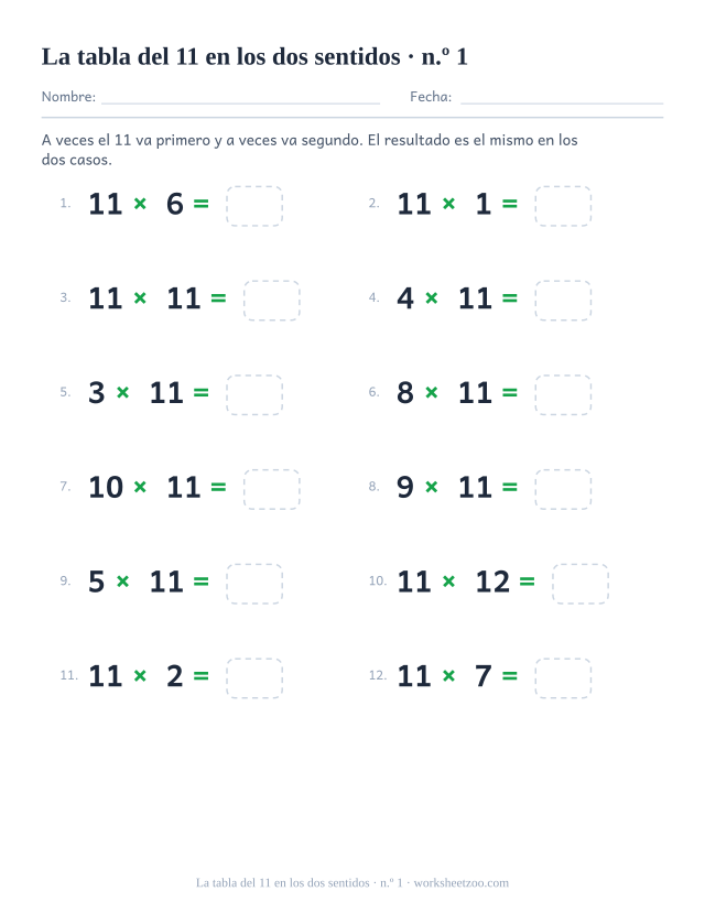 Doce operaciones en las que el 11 unas veces va delante y otras detrás, todas con casilla vacía (juego 1).