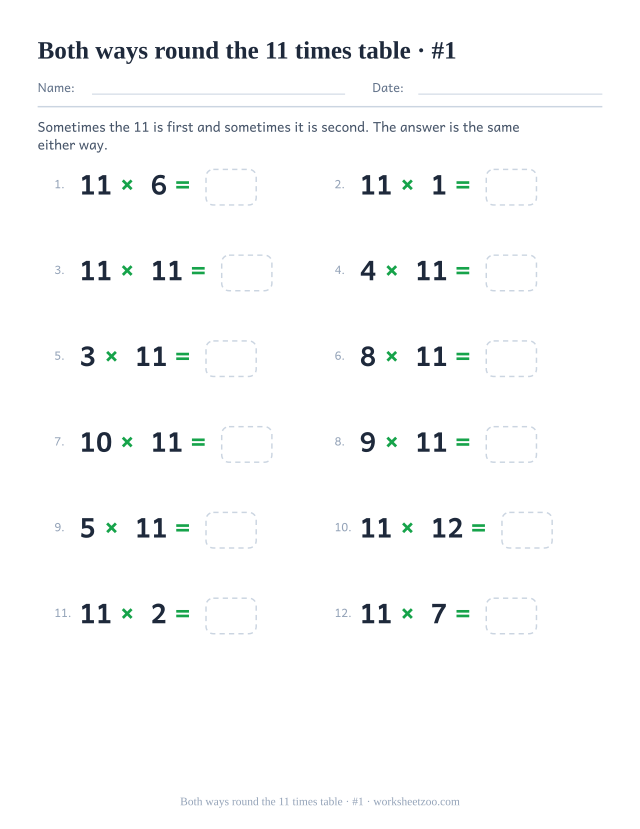 Twelve equations where 11 appears first in some and second in others, each with an empty answer box (set 1).