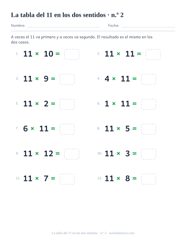 Doce operaciones en las que el 11 unas veces va delante y otras detrás, todas con casilla vacía (juego 2).
