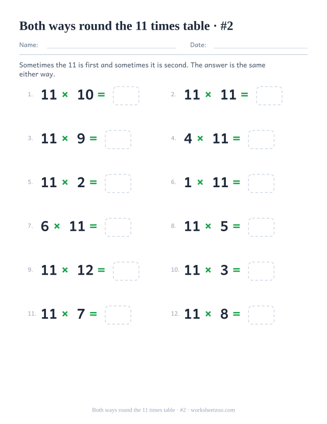 Twelve equations where 11 appears first in some and second in others, each with an empty answer box (set 2).