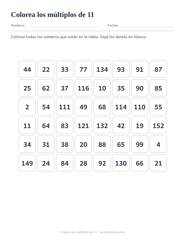 Cuadrícula de cuarenta y ocho números en ocho columnas, de los que doce son múltiplos de 11 y hay que colorear.