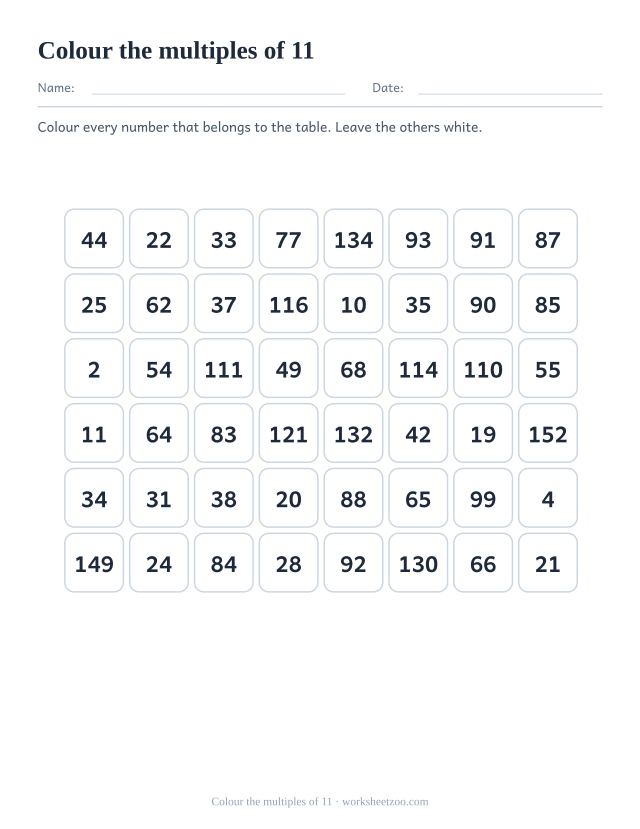 Grid of forty-eight numbers in eight columns, twelve of which are multiples of 11 to be coloured in.