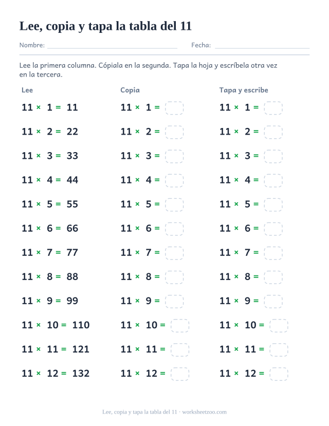 Tres columnas tituladas Lee, Copia y Tapa y escribe, cada una con las doce multiplicaciones del 11.