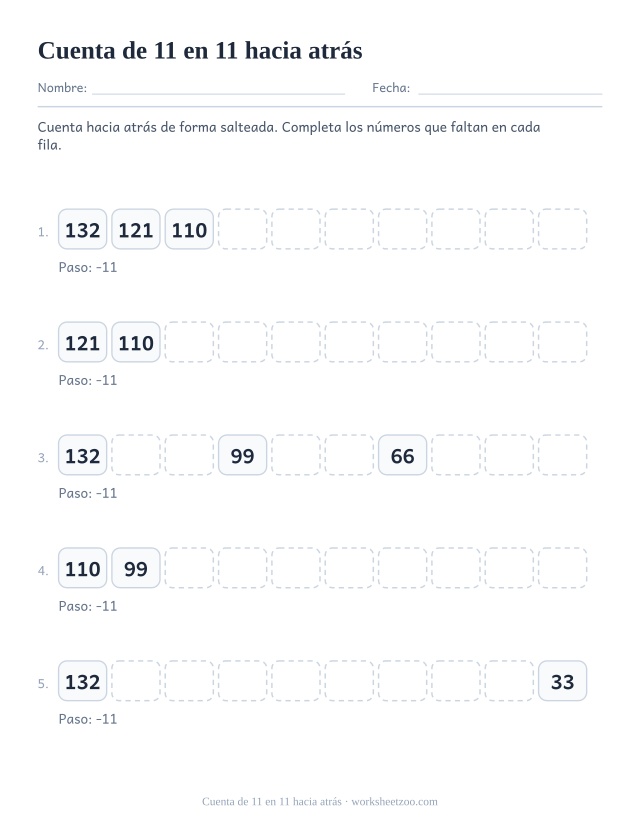 Cinco filas de diez casillas que bajan de 11 en 11 desde lo más alto de la tabla, con casi todas vacías.