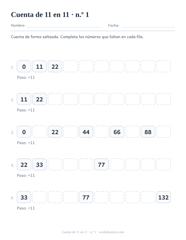 Cinco filas de diez casillas que cuentan de 11 en 11, con las primeras casillas rellenas y el resto vacías.