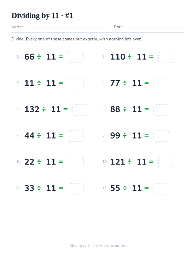 Twelve division equations, each a multiple of 11 divided by 11, ending in an empty answer box (set 1).