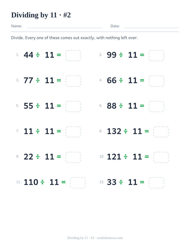 Twelve division equations, each a multiple of 11 divided by 11, ending in an empty answer box (set 2).