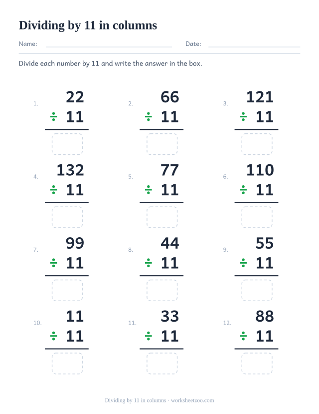 Twelve vertical divisions in a three by four grid, each a multiple of 11 over 11, with an answer box under the rule.