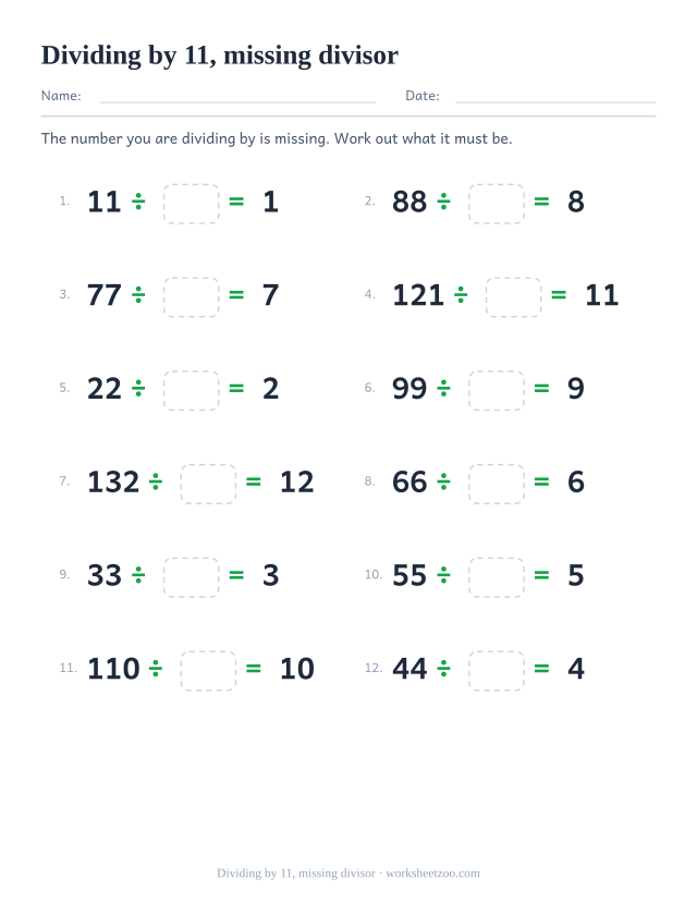 Twelve divisions with an empty box where the divisor should be, between a printed multiple of 11 and a printed answer.