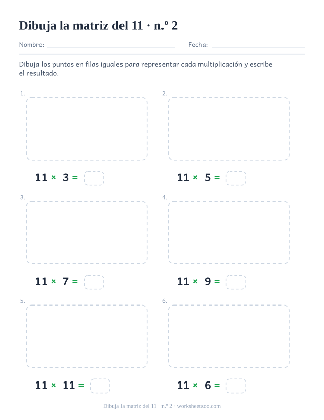 Seis recuadros punteados vacíos, cada uno con una multiplicación del 11 y una casilla, listos para dibujar los puntos (juego 2).