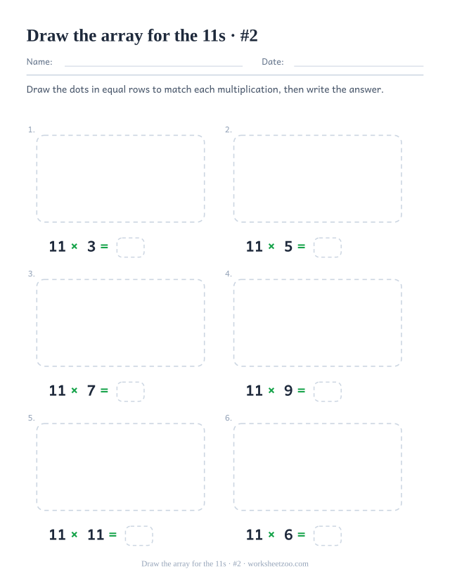 Six empty dashed frames, each labelled with one fact of the 11 times table and an answer box, ready for the dots to be drawn (set 2).