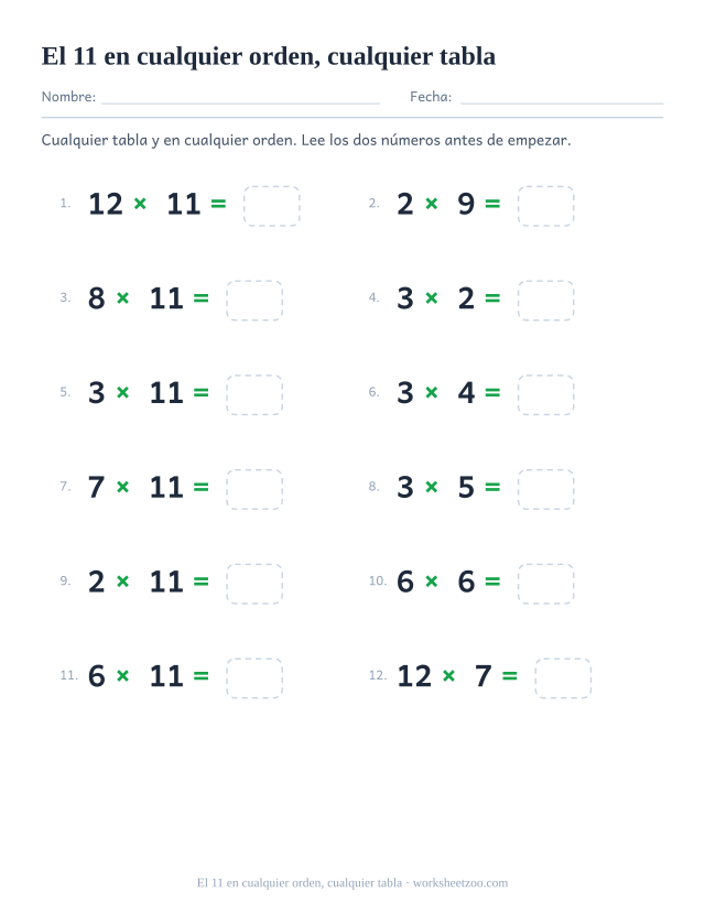 Doce operaciones de tablas mezcladas, entre ellas la del 11, con los factores en cualquier orden, numeradas en dos columnas y con casilla vacía.