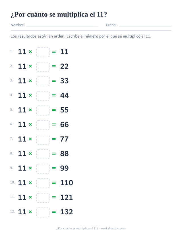 Doce renglones con 11 x casilla = resultado impreso, en orden de 11 hasta 132.