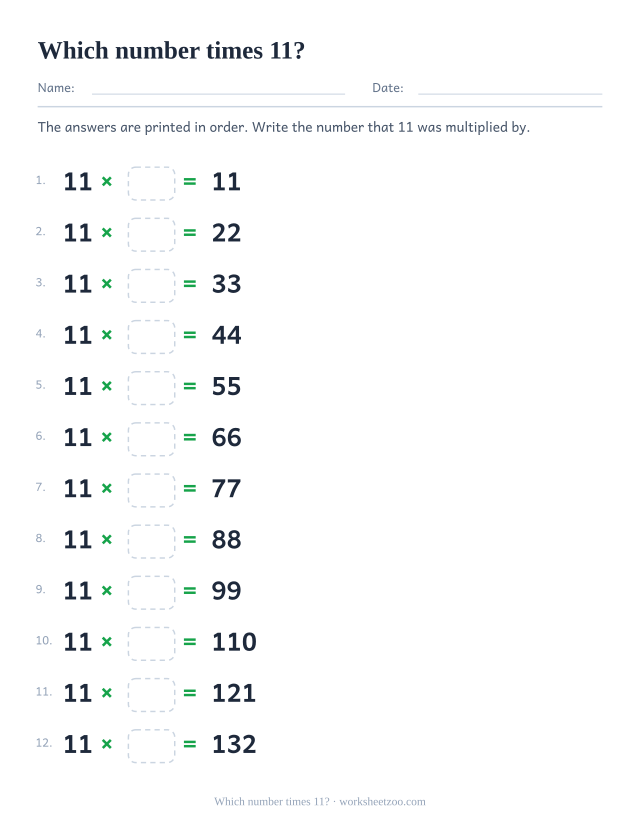 Twelve rows reading 11 x box = printed product, in order from 11 to 132.