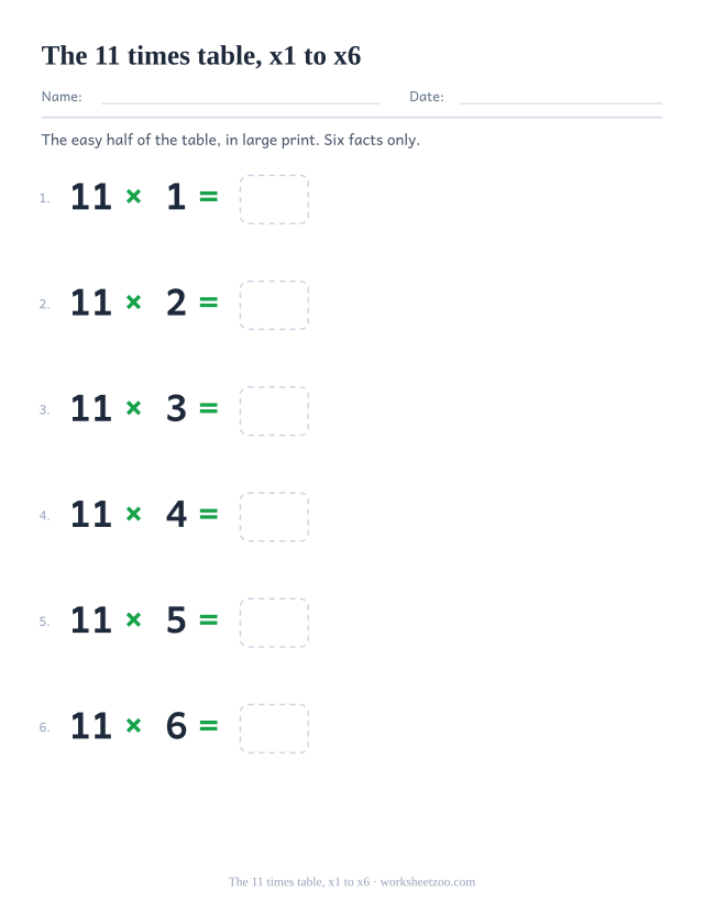 Six large equations from 11 x 1 to 11 x 6, widely spaced down the page, each with an answer box.