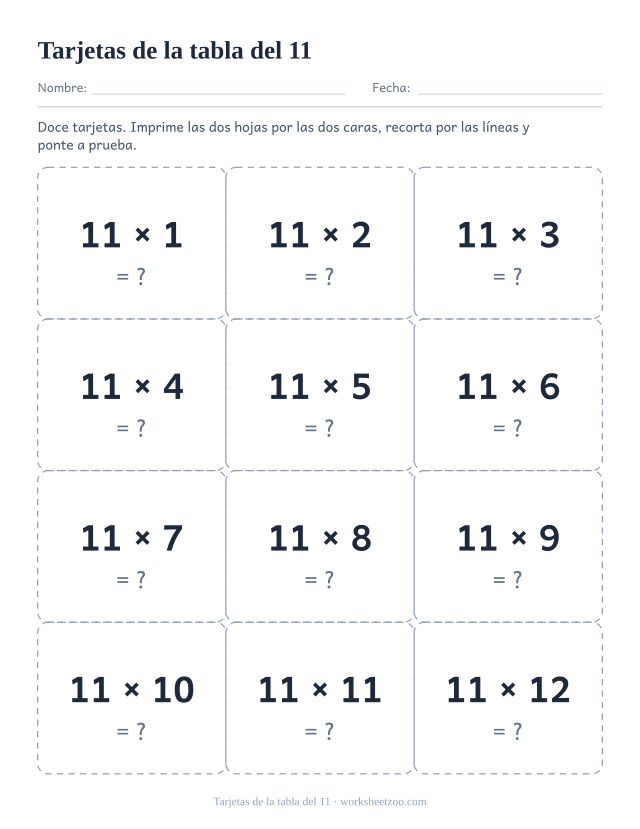Doce tarjetas punteadas para recortar, tres de ancho y cuatro de alto, cada una con una multiplicación del 11 y un signo de interrogación.