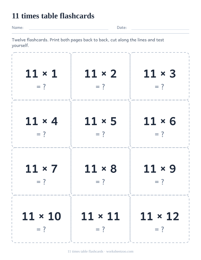 Twelve dashed cut-out cards, three across and four down, each showing one fact of the 11 times table with a question mark.