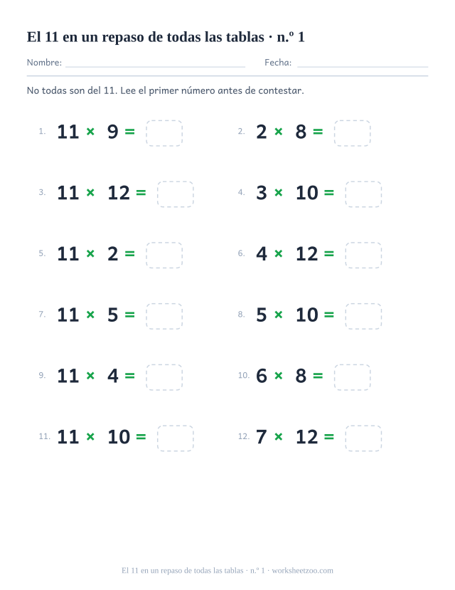 Doce operaciones de todas las tablas del 2 al 12, la mitad del 11 por algo, todas con casillas vacías.